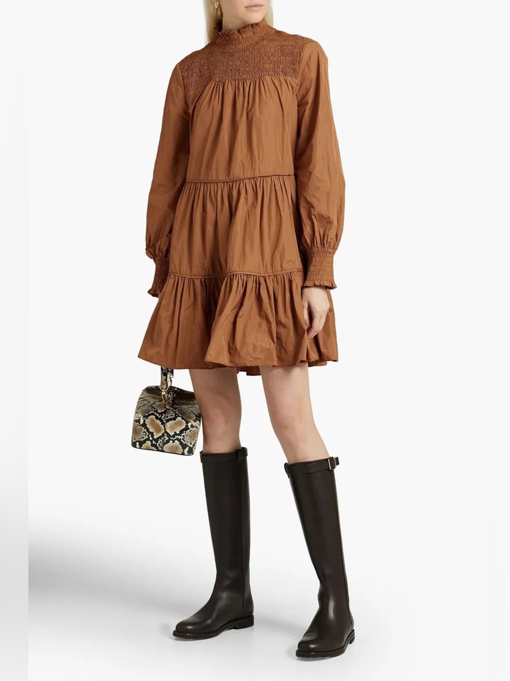 Veronica Beard Tiered Long-Sleeve Tan Brown Shell Mini Dress